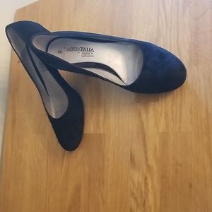 Aquatalia Shoes Womens 8.5 Pumps Black Leather Block Heel Round Toe Dressy Heels